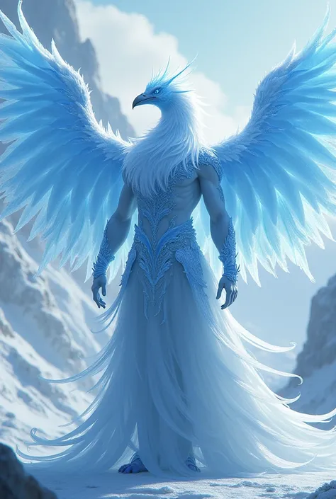 A mixed between an ice phoenix and a human male with head and hand still human, you can draw the ice phoenix wings in the back of human but make the wings large and look majestic and regal