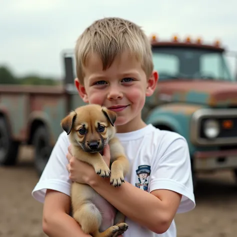 Create the most realistic portrait of Barron Trump 18 year old. Barron Trump is wearing a white T-shirt, holding a small, wet puppy close to his face. The background features an empty lot with an old truck."
