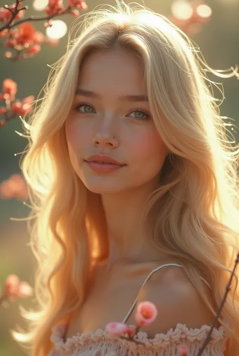  blond hair ,  with vibrant bokeh balls gently framing her delicate shape .