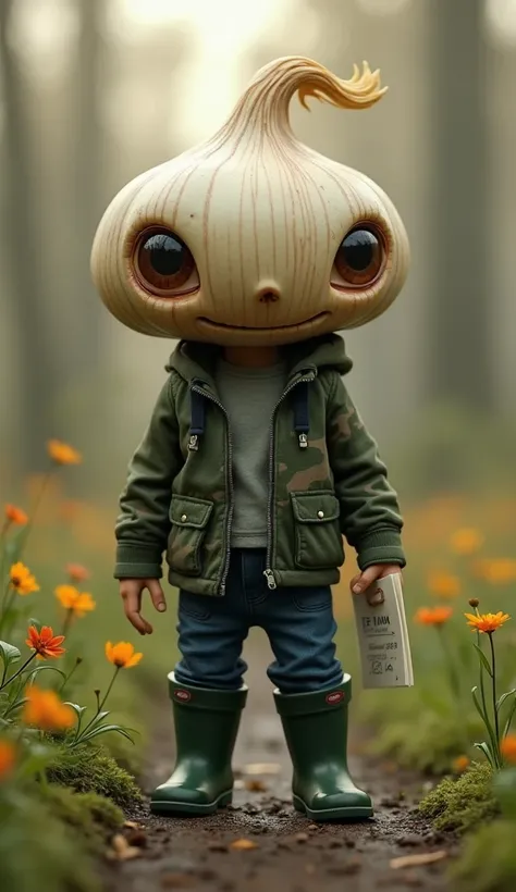  Garlic Monster 、Glowing garlic head 、juvenile、3:3、 little character holding paper、 Camouflage Hoodie Shirt、Slim Denim、 Dark Green Rubber Boots 、Early morning field、 high res,  anatomically correct, 最 High Quality ,  Ultra Fine,  High Quality ,  textured s...