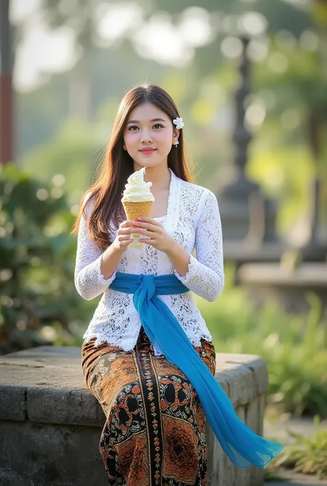 A sweet Korean girl,litle fat, wearing a long white and black kebaya and long brown, black and white batik bottoms, there is a long blue cloth around her waist that waves in the wind. She is sitting enjoying ice cream stik , in a park in Bali. morning. dyn...