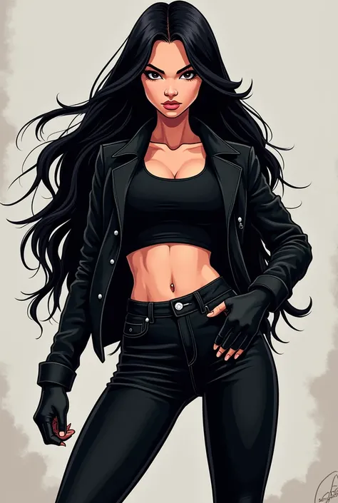 Make me one
Rebel girl in
Cartoon she has long black hair 
Shes wearing an all-black look 