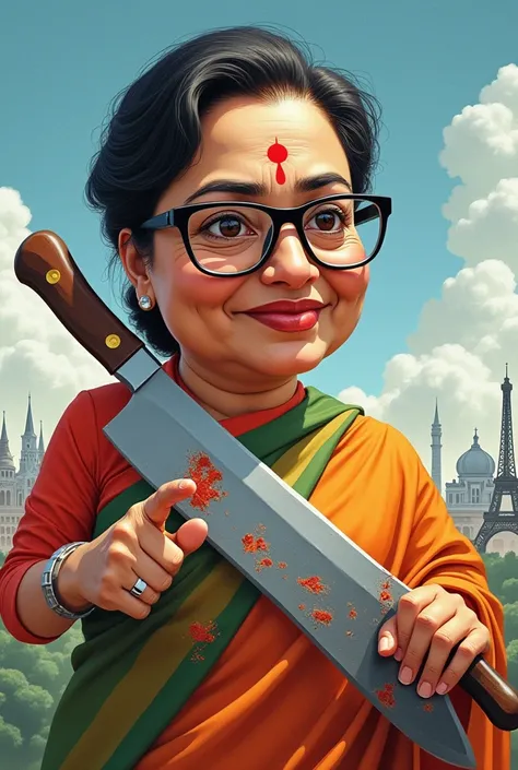 Make a realistic cartoon like prime ministet sheikh hasina face in bangladesh. It slso show that she was cutting the economy of Bangladesh by big knife 