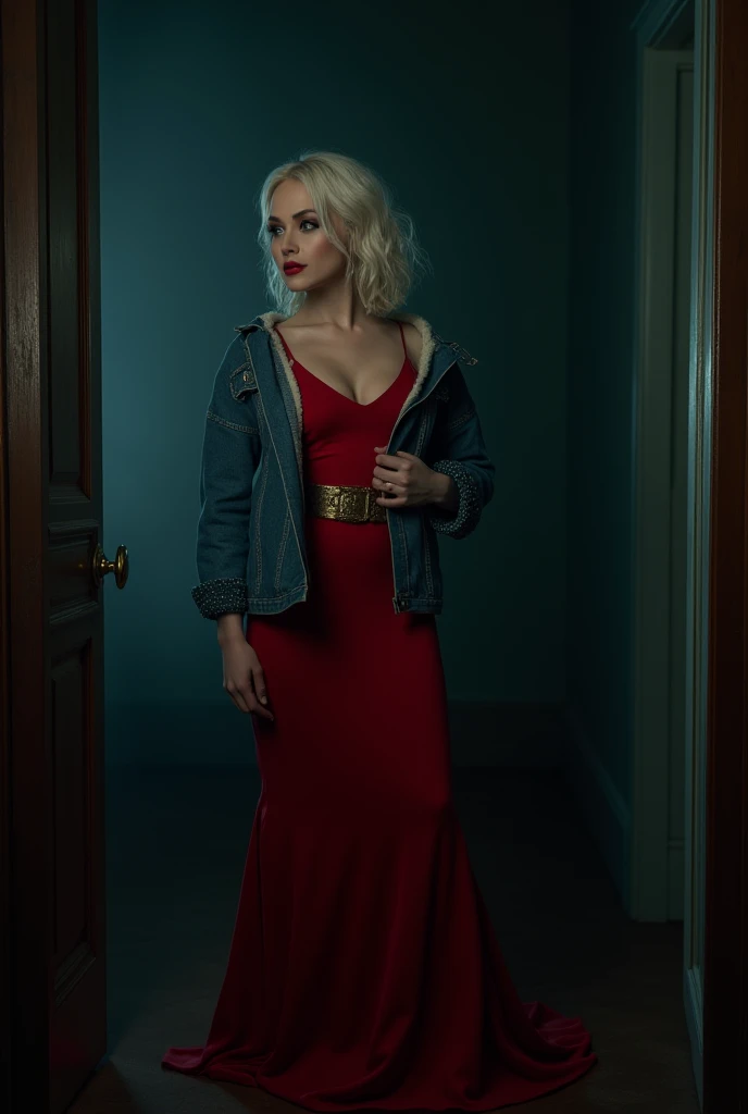 A platinum-haired woman standing in a dark room wearing a long red dress and denim jacket looking out a door