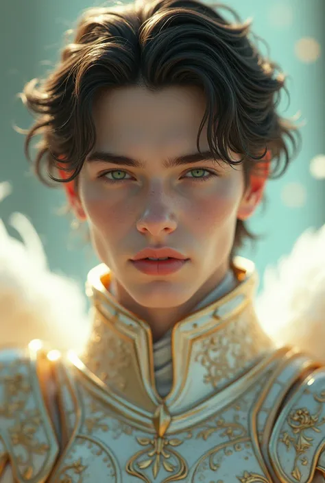 Teenage Caucasian male,  white skin , no beard,  bright green eyes ,  dark brown hair , face and features perfect soft lips sculpted,  maxillary and well-defined cheekbones divine beauty, Divine Aura . Wearing shimmering armor 
