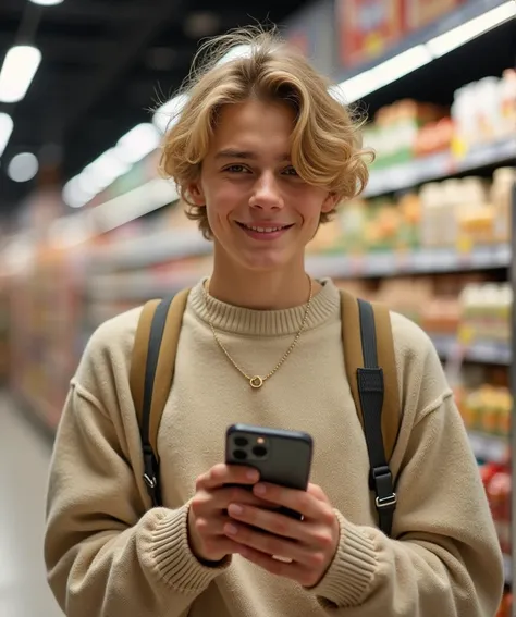 une jeune garçon blonde, début des années 19 avec un téléphone iphone 16 pro max , portant un pull en laine, faisant ses courses dans un supermarché bondé, visage joyeux, collier, légèrement souriant, (chef-dœuvre, meilleure qualité, haute qualité), hyperd...