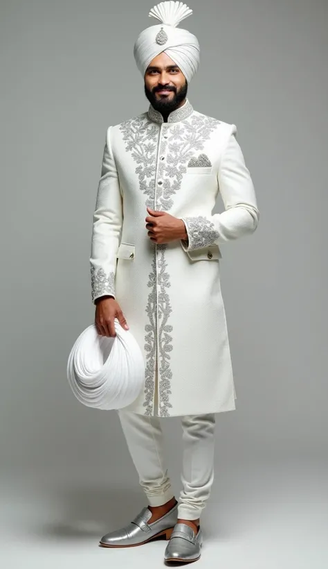 white and silver sherwani with a detailed white mix of heavy embroidery full body 
INFO
Full-body, head-to-toe shot of a traditional, handsome standing alone, holding his vibrant white turban in one hand by his side. his head should be in a silver turban, ...