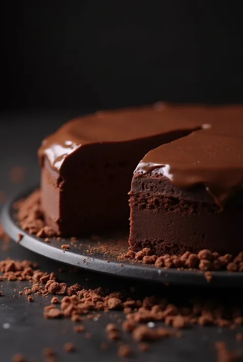  Cinematic frame of chocolate,  chocolate cake ,  dark background, quality photo, wet texture, glazed,  studio photo, slice,  shallow depth of field , vignette,  ,  high budget , bokeh, cinemascope, melancholic, epic,  awesome,  film grain, granulated