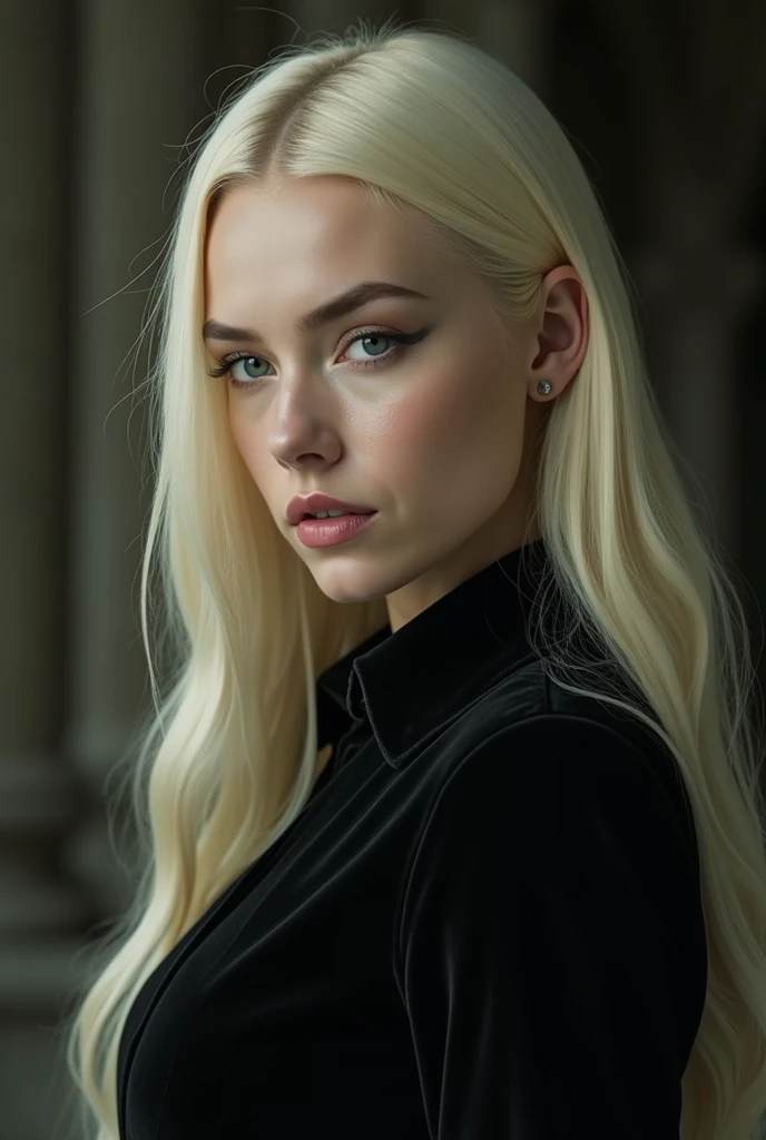  Narcissa Malfoy is described as tall , slim,  good-looking and very pale , with blue eyes,  long blond hair and a clear , cold voice .  yet she has the arrogant good look,  which is typical of her family .  However, her natural beauty is affected , That s...