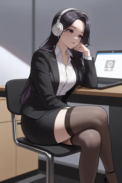 There is a mature Korean woman wearing a chair and sitting with a laptop, 검은색 Dressed in a suit, sitting On the desk,  wearing a strict suit , On the desk,  wearing a strict suit , Korean Goddess,  thigh-high stockings and skirt , I sat at her desk,  Sitti...