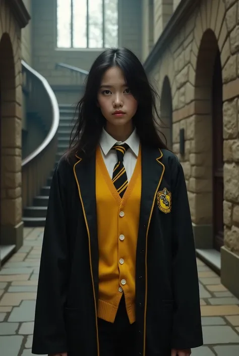 Create a 15-year-old teenager black-eyed black-haired white-skinned woman wearing the Hufflepuff outfit from Harry Potter, ele ta em hogwarts
