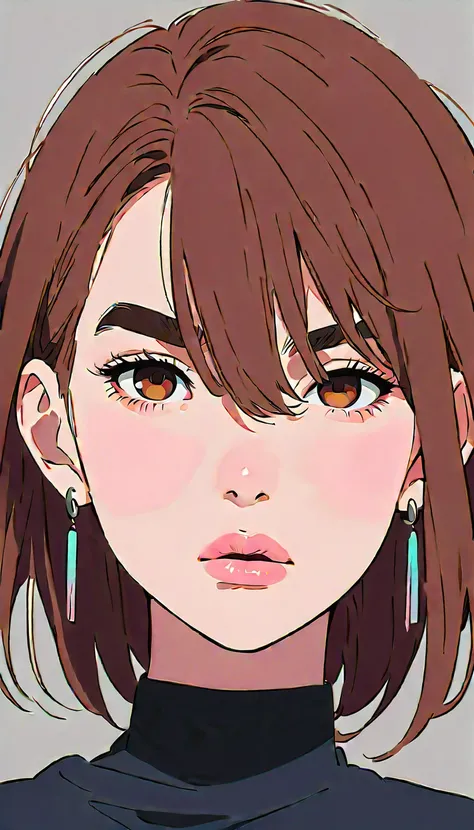 KYOMOMO、 brown hair 、 brown eyes、 medium hair、 hair between eyes 、 thick eyebrows、 earrings for women with first name、(masterpiece、 top quality : 1.2)、One depressed girl、 anime style、 pink lips、 in the style of famous portraitists、It looks sick、stare at th...