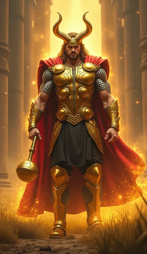  Thor and Taurus Aldebaran  (fusion)
"Uma fusão híbrida entre  Thor and Taurus Aldebaran .  The character combines the strength and majesty of Thor with the Golden Armor of Taurus ,  including golden horns and fundamental shoulder pads included .  Mjolnir ...