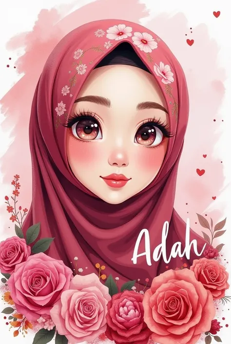 glossy oil watercolor painting of a anime -toon style beautiful malay woman neutral  face wearing a hijab with a floral pattern , surrounded by roses and splashes of ink . Write “ Adah” in white pink font on the right side of the image. Use pink and red to...