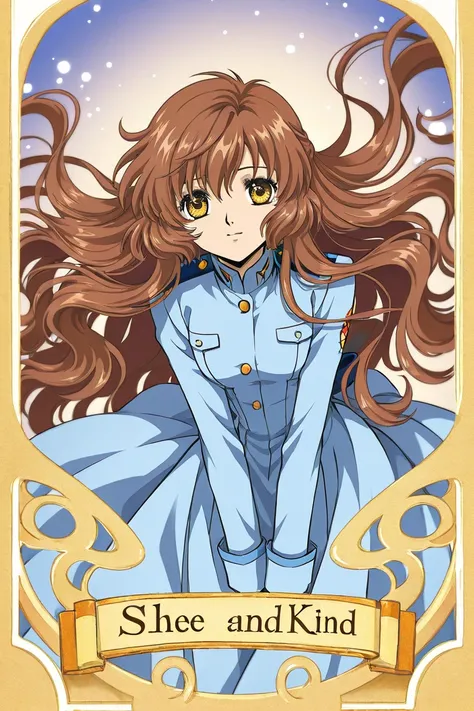 A girl that is an student. She has long wavy Brown hair with shiny golden eyes with blue dress uniform. She is brave and smiling. Kind. Clamp Tsubasa chronicles art style. 