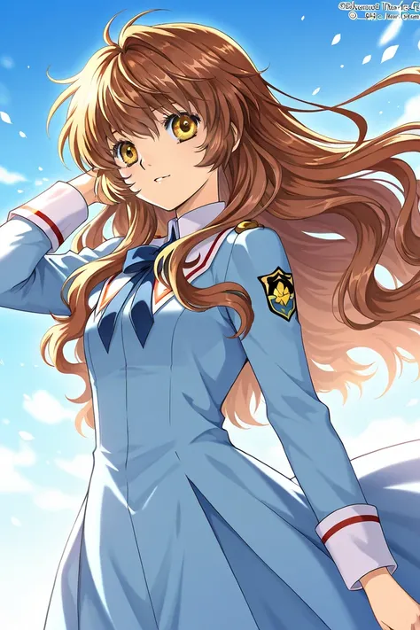 A girl that is an student. She has long wavy Brown hair with shiny golden eyes with blue dress uniform. She is brave and smiling. Kind. Clamp Tsubasa chronicles art style. 