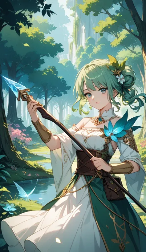  Mystic Archer in 2D Anime : " A mystical 2D anime-style archer , with long green hair ,  adorned with leaves and flowers around her head .  She wears a flowing tunic with details in gold and silver ,  and carries an enchanted-looking bow ,  with arrows th...