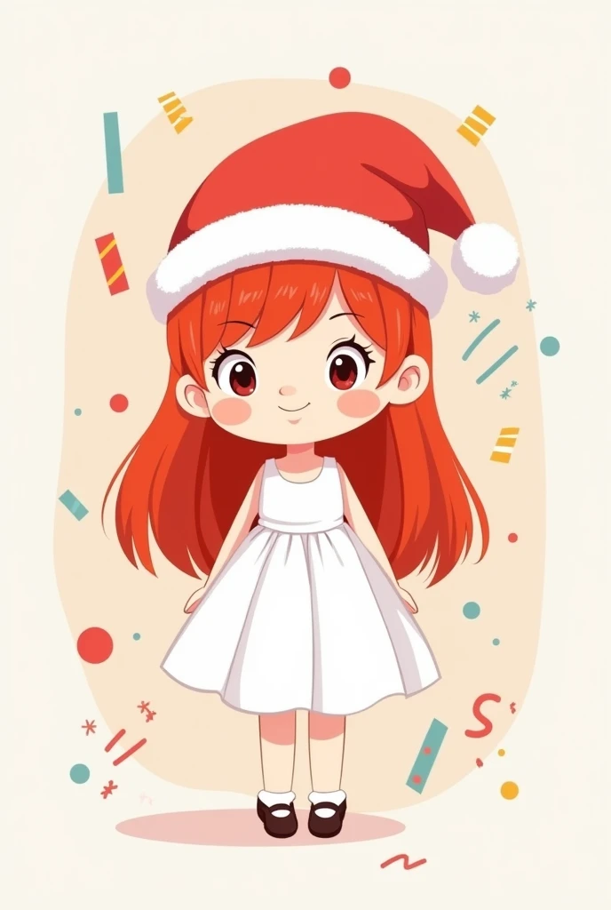 rens stripes draw a simple cartoon. A girl with red long hair wearing a white skirt, wearing a Christmas hat.