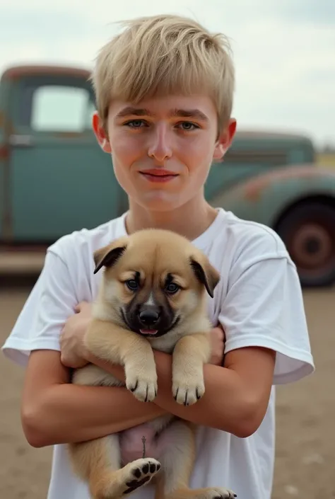 "Create the most realistic portrait of Barron Trump. Barron Trump is a tall 18-year-old, wearing a white T-shirt, holding a small, wet puppy close to his face. The background is an empty lot with an old truck."