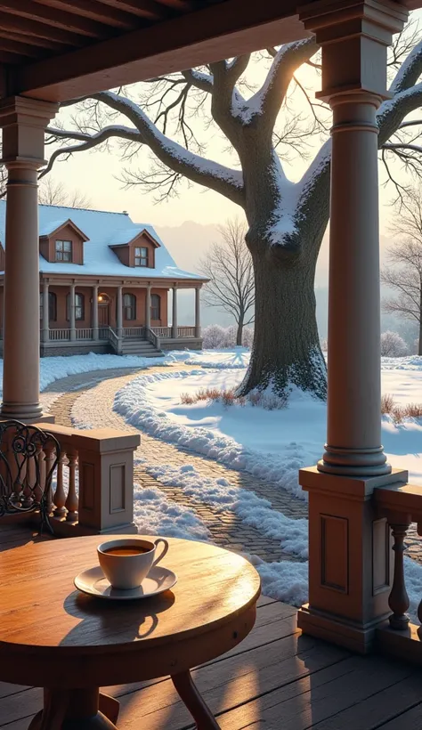  European house 、 Table on Veranda  、 antique coffee cup on table、Nice view 、Big Tree、winter，The fine light shines brightly from above