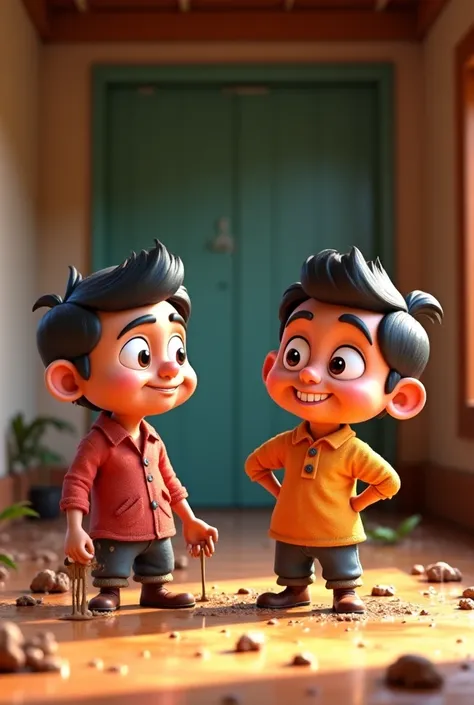 Scene 4: The Aftermath
Setting: Inside the nali, both characters covered in mud and water.
Characters: Pappu (embarrassed), Bablu (angry but finding it funny). Generate in 3D cartoon type