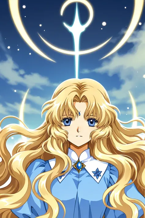 A girl that is an student. She has long wavy Blond hair with shiny blue eyes with blue dress uniform. She is brave and smiling. Kind. Clamp Tsubasa chronicles art style. 