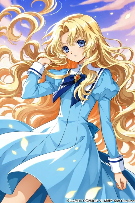 A girl that is an student. She has long wavy Blond hair with shiny blue eyes with blue dress uniform. She is brave and smiling. Kind. Clamp Tsubasa chronicles art style. 