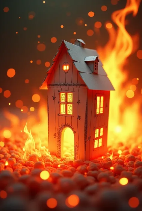 Paper house with flame background 