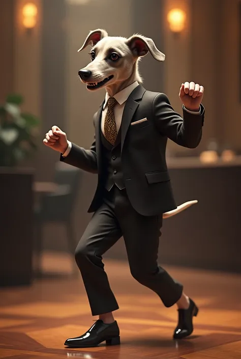 Create an image of a cool dog dancing in a suit