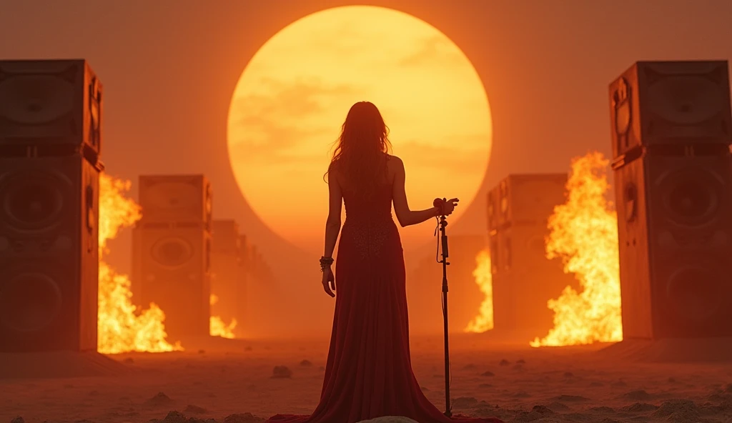 in the desert, a woman necromancer as a vocalist with mic, there are huge fiery speakers on each side and big sun background 