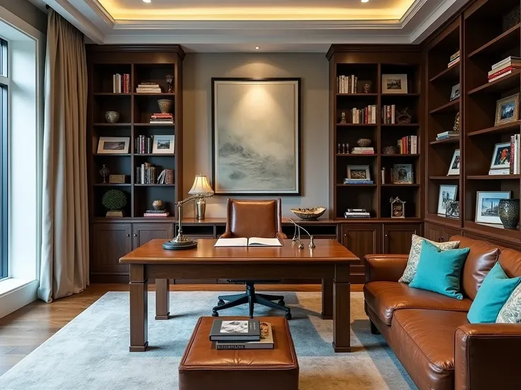  His office despite being very large , reflects his way of being , , substantiated with contemporary touches , , the walls of tones such as soft gray and beige without decoration on them, ,  on the other side, some built-in dark wood shelves full of books ...