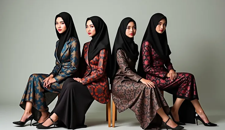 make 6 people photos of 3 beautiful women and 3 handsome Indonesian men aged 20 years, wearing luxurious batik blazers, wearing high heels, wearing hijab, pose must be sitting