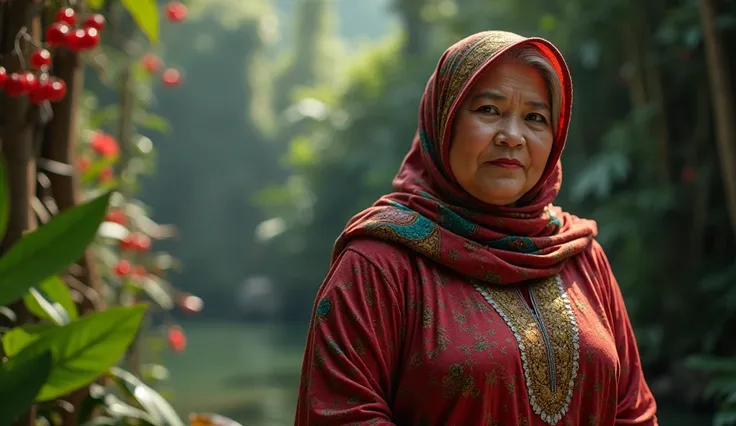 a beautiful, plump, sexy old woman stands out from Indonesia wearing a seductive hijab full body