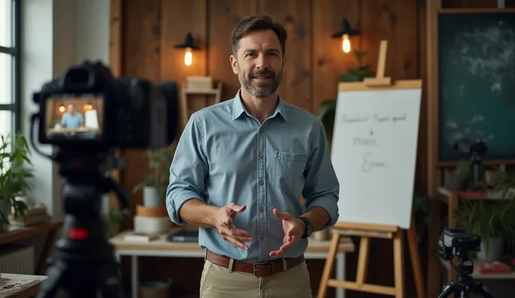 A man is making a video of himself teaching in his studio.