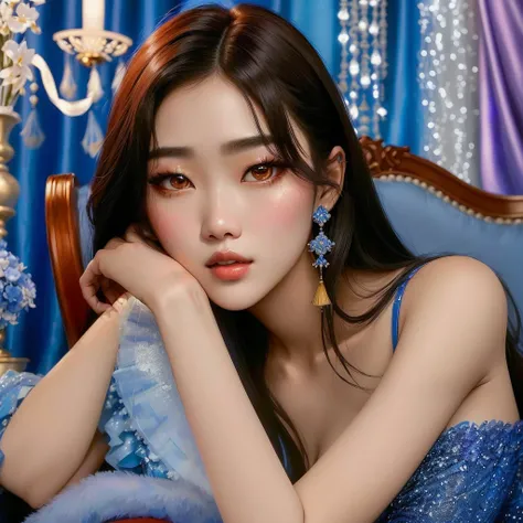 araffe asian woman in blue dress sitting on a blue chair, jinyoung shin, popular south korean makeup, popular korean makeup, jaeyeon nam, lalisa manobal, portrait of jossi of blackpink, ulzzang, heonhwa choe, park ji-min, portrait of female korean idol, ta...