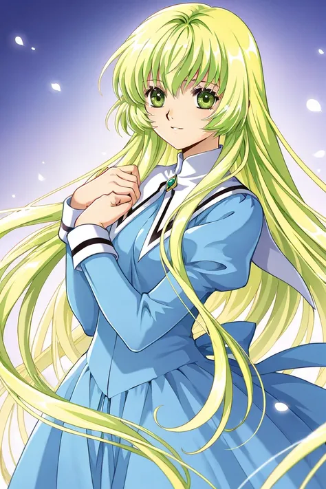 A girl that is an student. She has long straight Blond hair with shiny green eyes with blue dress uniform. She is brave and smiling. Kind. Clamp Tsubasa chronicles art style. 