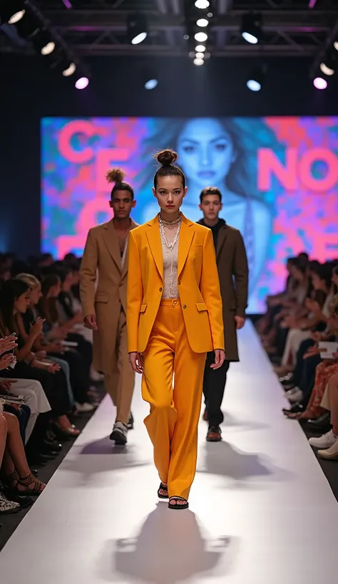 A pop shop with a runway and models wearing clothes written CZN