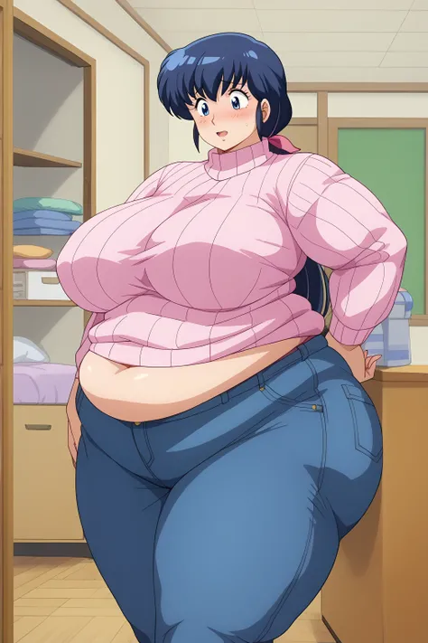 Otonashi Kyoko, Kyoko Otonashi　Maison Ikkoku,  long hair, 紺色の髪,low ponytail, pink barrette ribbon, Dark blue eyes, pink sweater , Blue jeans, (Japanese-style room),milf,  embarrassed expression, troubled expression,Huge saggy breasts,  sloppy stomach, scor...