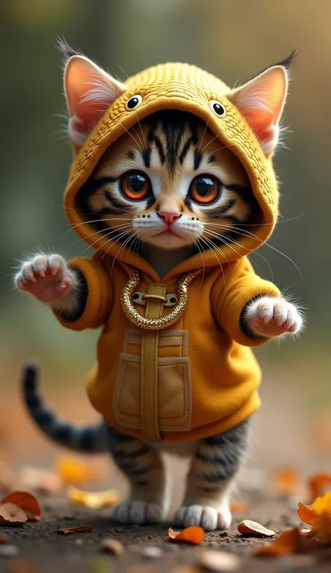 Calico kitten dancing in a golden snake hoodie　 background is blurry 　 big eyes　 red eyes　 wild　gold snake necklace