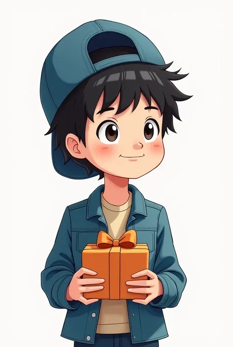 rens stripes draw a simple cartoon. A black-haired boy wearing a denim hat turned wings back, wearing a long-sleeved denim shirt, holding a gift box.