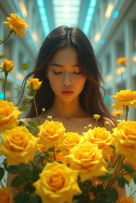 lady with yellow roses in a colorful futuristic world