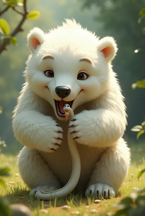 A white-haired bear pretends to eat a small snake in a playful way