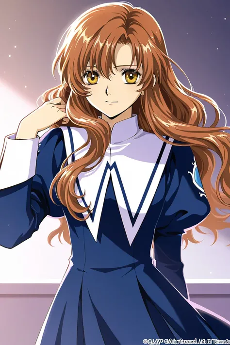 A girl that is an student. She has long wavy Brown hair with shiny golden eyes with blue dress uniform. She is brave and smiling. Kind. Clamp Tsubasa chronicles art style. 