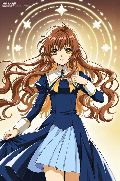 A girl that is an student. She has long wavy Brown hair with shiny golden eyes with blue dress uniform. She is brave and smiling. Kind. Clamp Tsubasa chronicles art style. 