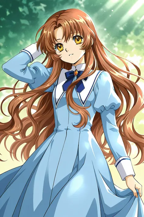 A girl that is an student. She has long wavy Brown hair with shiny golden eyes with blue dress uniform. She is brave and smiling. Kind. Clamp Tsubasa chronicles art style. 