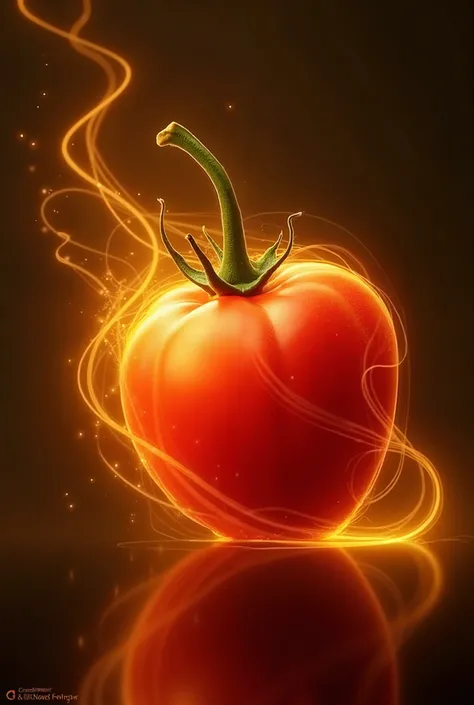 **A biomorphic fusion of light trails from a PEPPER AND A TOMATO, where organic shapes and flowing light trails intertwine. Employing an ethereal palette of gold and crimson to suggest a living, pulsating energy emanating from the subject --ar 3:2**