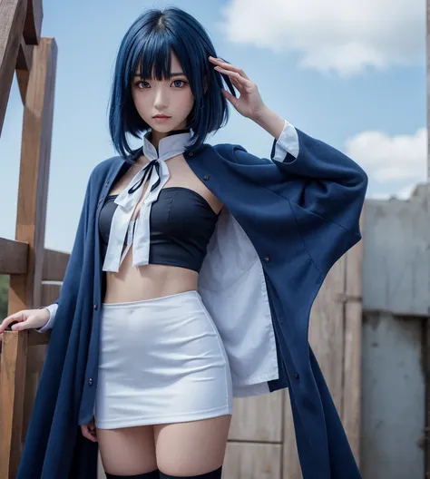 A serious girl with dark blue eyes with dark blue hair and a mecon with an opaque sky color wearing a kimetsu no yaiba outfit 