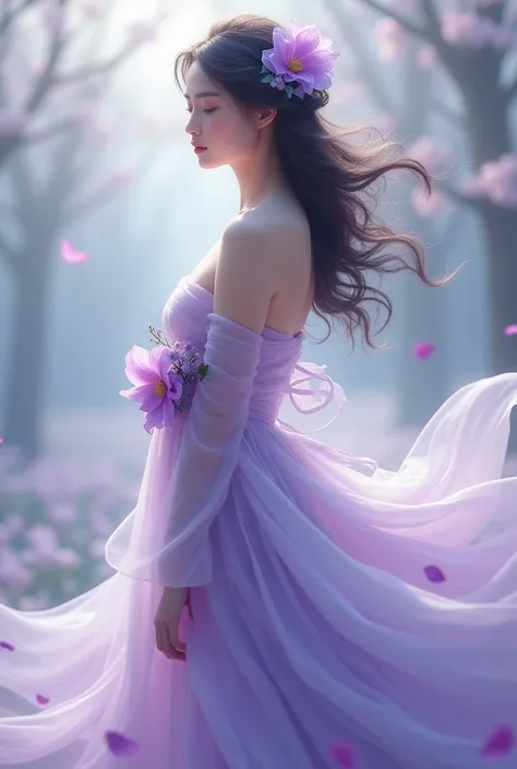 Woman in dress with purple flower decoration.