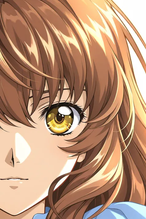 A girl that is an student. She has long wavy Brown hair with shiny golden eyes with blue dress uniform. She is brave and smiling. Kind. Close up. Clamp Tsubasa chronicles art style. 