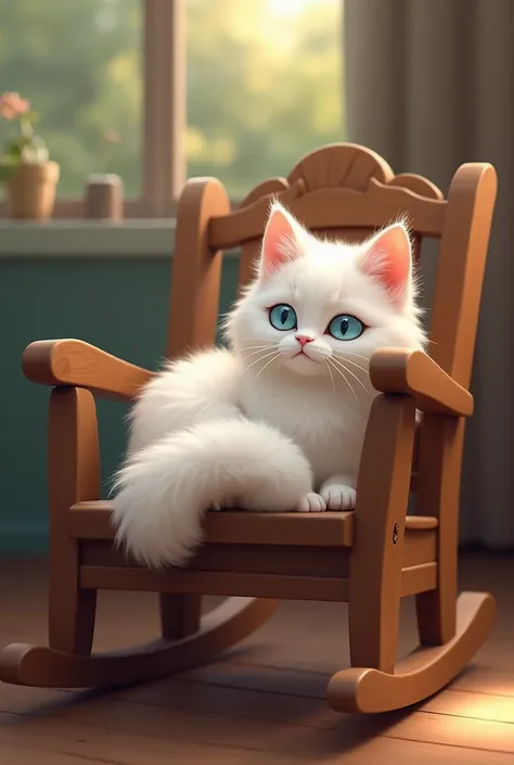 a fluffy white cat blue eyes sleeping in a brown rocking chair